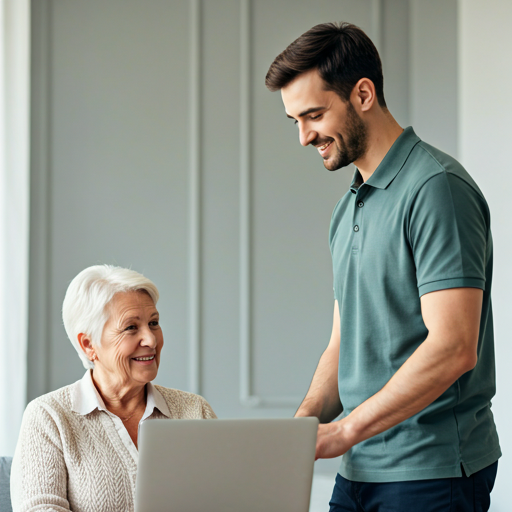 A friendly male technician in a professional polo shirt smiling and helping an elderly woman with her laptop in a bright modern living room
